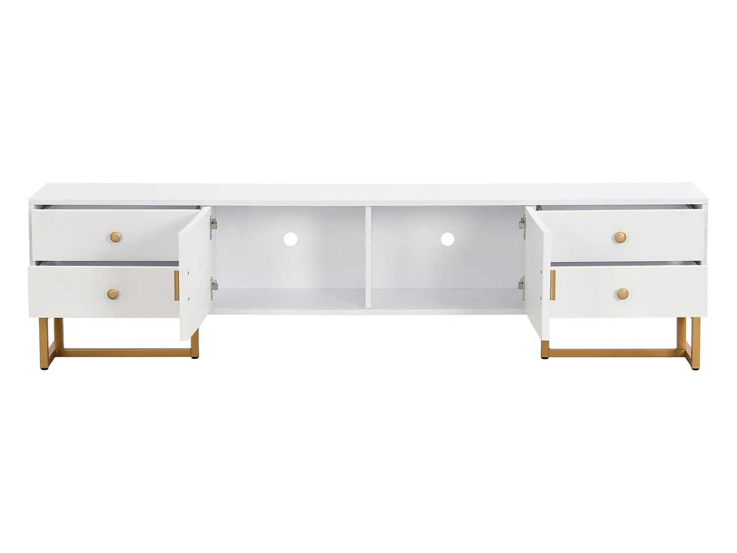 Móvel De Tv| Suporte para TV com espaço de armazenamento, 2 portas e 4 gavetas, suporte baixo para TV, pés e puxadores dourados, Branco