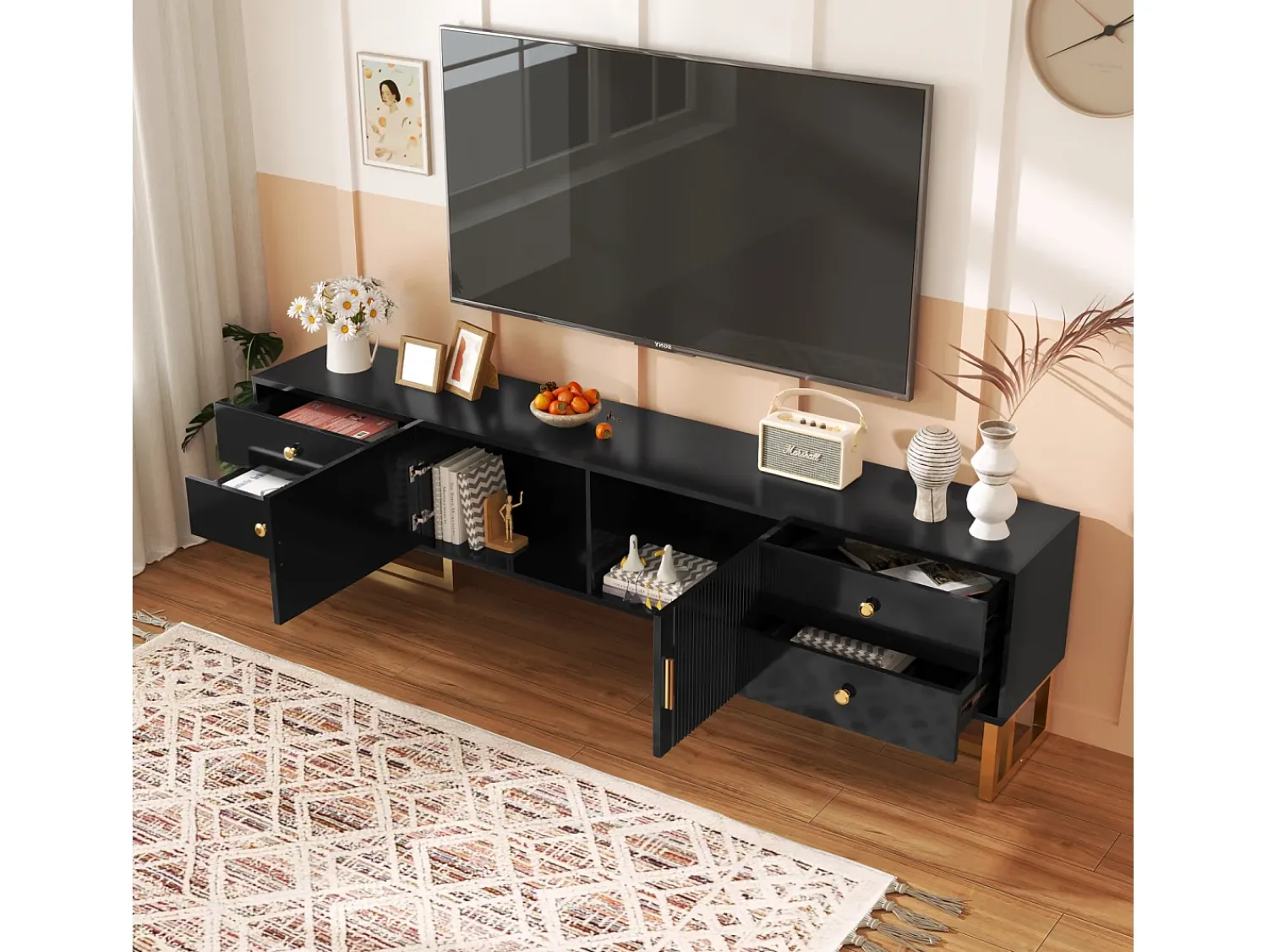 Suporte para TV com espaço de armazenamento, 2 portas e 4 gavetas, suporte baixo para TV, pés e puxadores dourados,^ Móvel De Tv