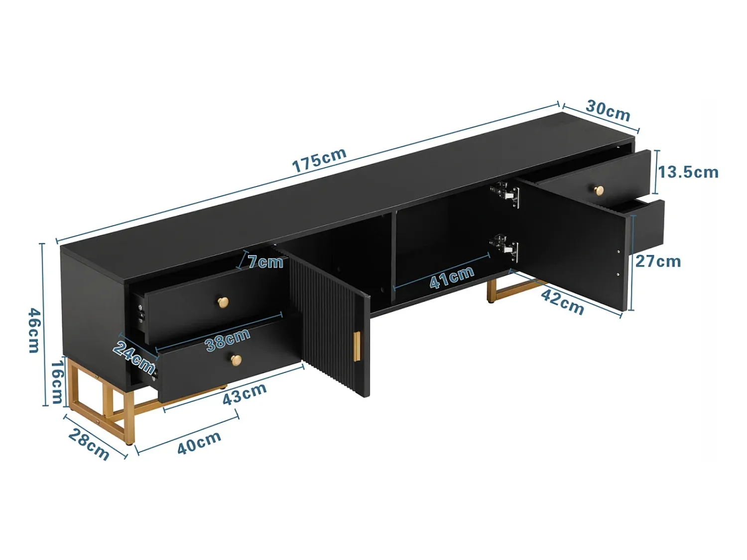 Suporte para TV com espaço de armazenamento, 2 portas e 4 gavetas, suporte baixo para TV, pés e puxadores dourados,^ Móvel De Tv