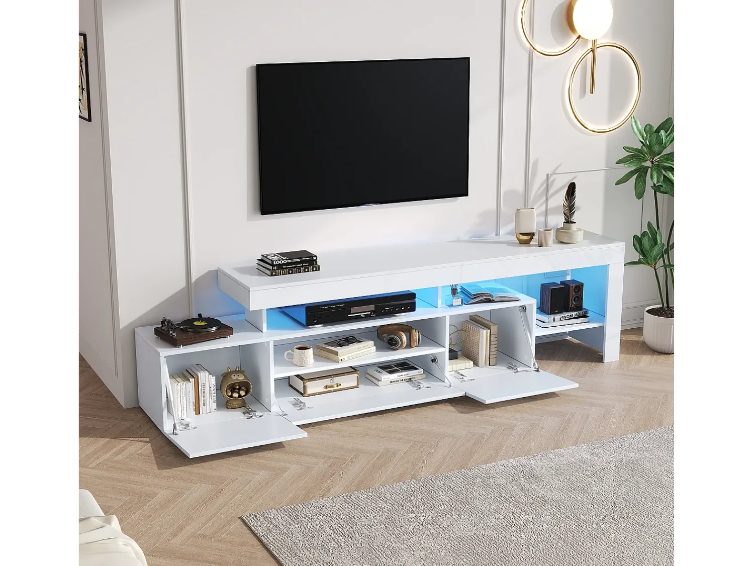 New Hauss Spole Suporte para TV com iluminação LED e 3 portas - acabamento brilhante - 192 x 37 x 53 cm Branco