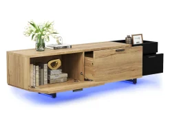 Hauss Spole Suporte para TV com iluminação LED, 2 gavetas e uma porta - Pés em metal preto - Acabamento em madeira e preto^ Móvel De Tv