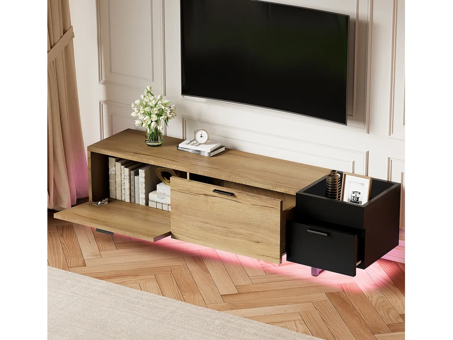 Hauss Spole Suporte para TV com iluminação LED, 2 gavetas e uma porta - Pés em metal preto - Acabamento em madeira e preto^ Móvel De Tv