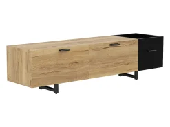 Hauss Spole Suporte para TV com iluminação LED, 2 gavetas e uma porta - Pés em metal preto - Acabamento em madeira e preto^ Móvel De Tv