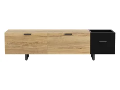 Hauss Spole Suporte para TV com iluminação LED, 2 gavetas e uma porta - Pés em metal preto - Acabamento em madeira e preto^ Móvel De Tv