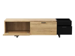 Hauss Spole Suporte para TV com iluminação LED, 2 gavetas e uma porta - Pés em metal preto - Acabamento em madeira e preto^ Móvel De Tv