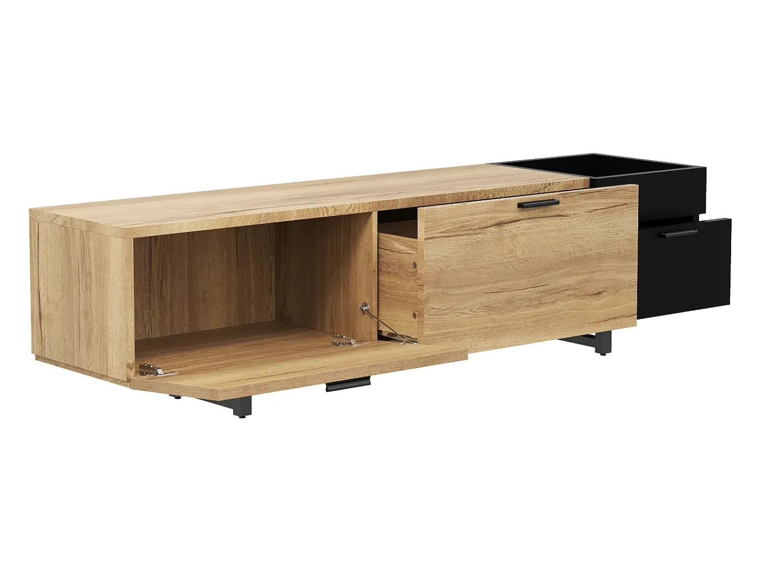 Hauss Spole Suporte para TV com iluminação LED, 2 gavetas e uma porta - Pés em metal preto - Acabamento em madeira e preto^ Móvel De Tv