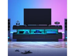 Móvel De Tv*Hauss Spole Suporte para TV com iluminação LED, 3 gavetas e 3 prateleiras em vidro - Laca preta brilhante Preto
