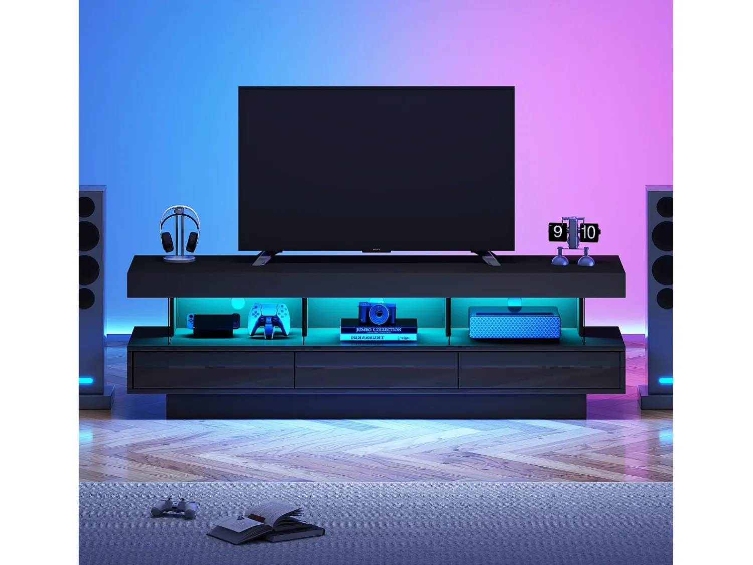 Móvel De Tv*Hauss Spole Suporte para TV com iluminação LED, 3 gavetas e 3 prateleiras em vidro - Laca preta brilhante Preto