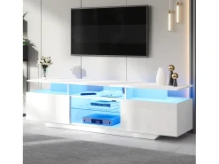 Móvel De Tv*Hauss Spole Suporte para TV com iluminação LED, 2 portas e prateleiras em vidro - acabamento brilhante - Branco