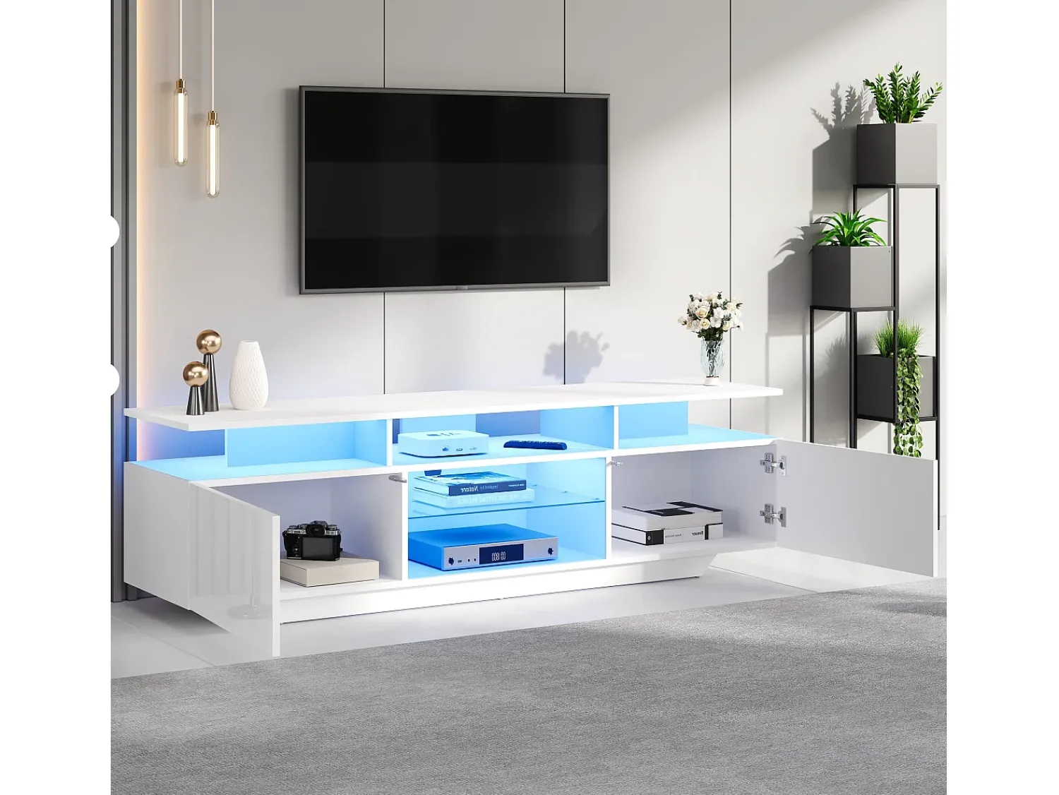 Móvel De Tv*Hauss Spole Suporte para TV com iluminação LED, 2 portas e prateleiras em vidro - acabamento brilhante - Branco