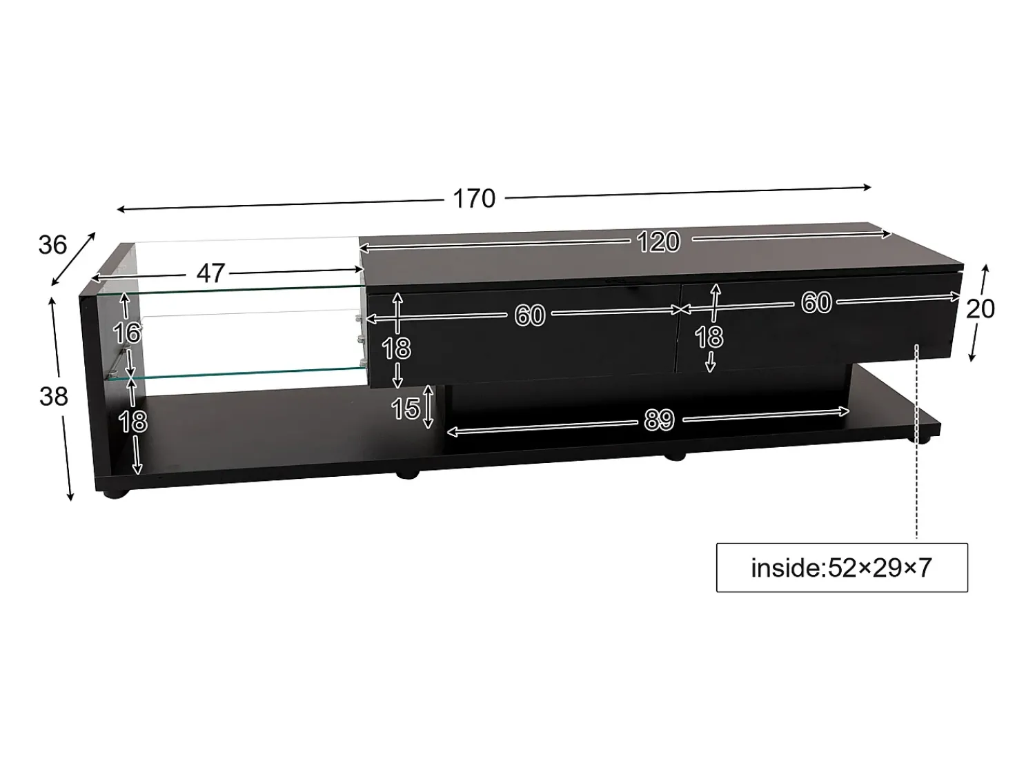 Sale Hauss Spole Suporte para TV com iluminação LED, 2 gavetas e 2 prateleiras em vidro - Preto