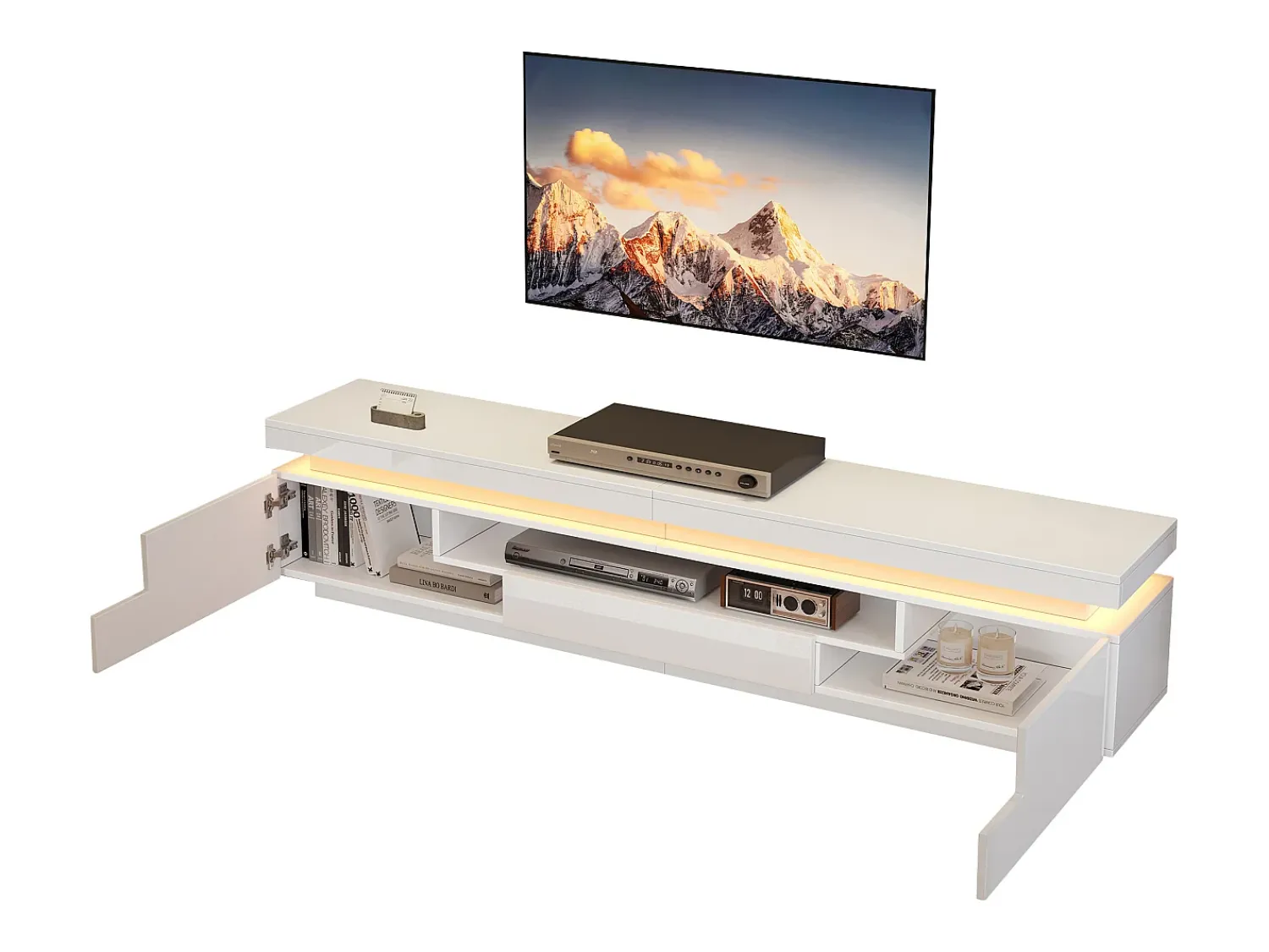 Outlet Hauss Spole Suporte para TV com iluminação LED, 2 portas em forma de L e uma gaveta - acabamento brilhante - Branco