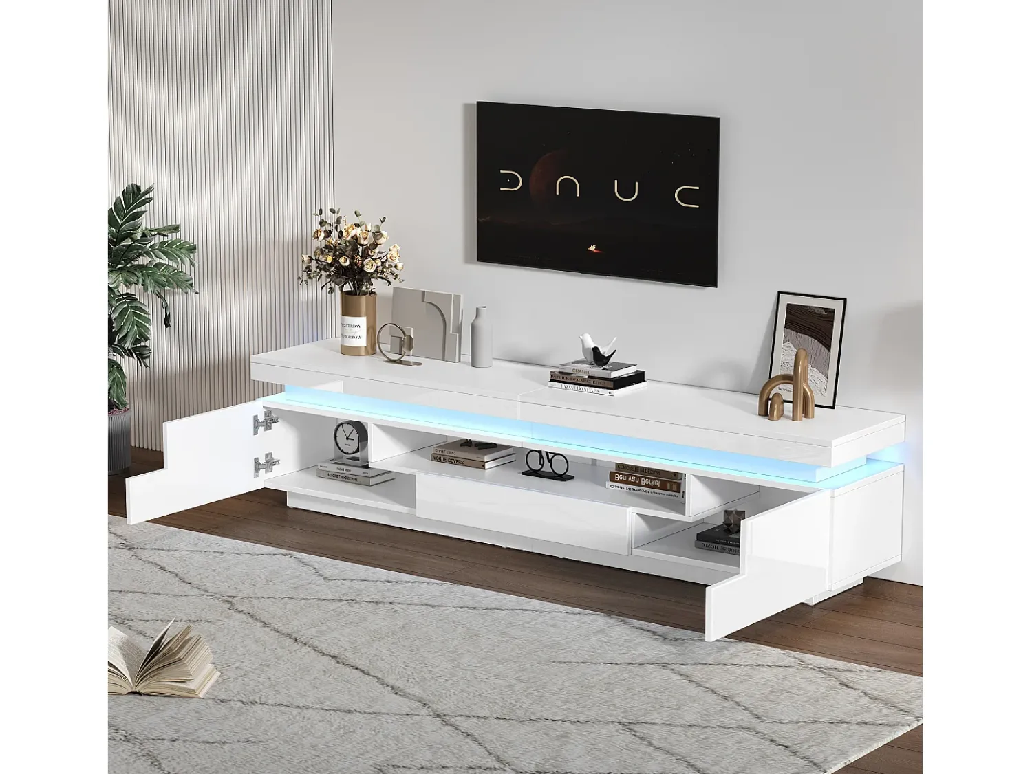 Outlet Hauss Spole Suporte para TV com iluminação LED, 2 portas em forma de L e uma gaveta - acabamento brilhante - Branco