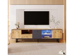 Móvel De Tv|Hauss Spole Suporte para TV com iluminação LED, 3 portas e gaveta - Pés em metal - Tons claros em tons de natural e cinza Natural claro