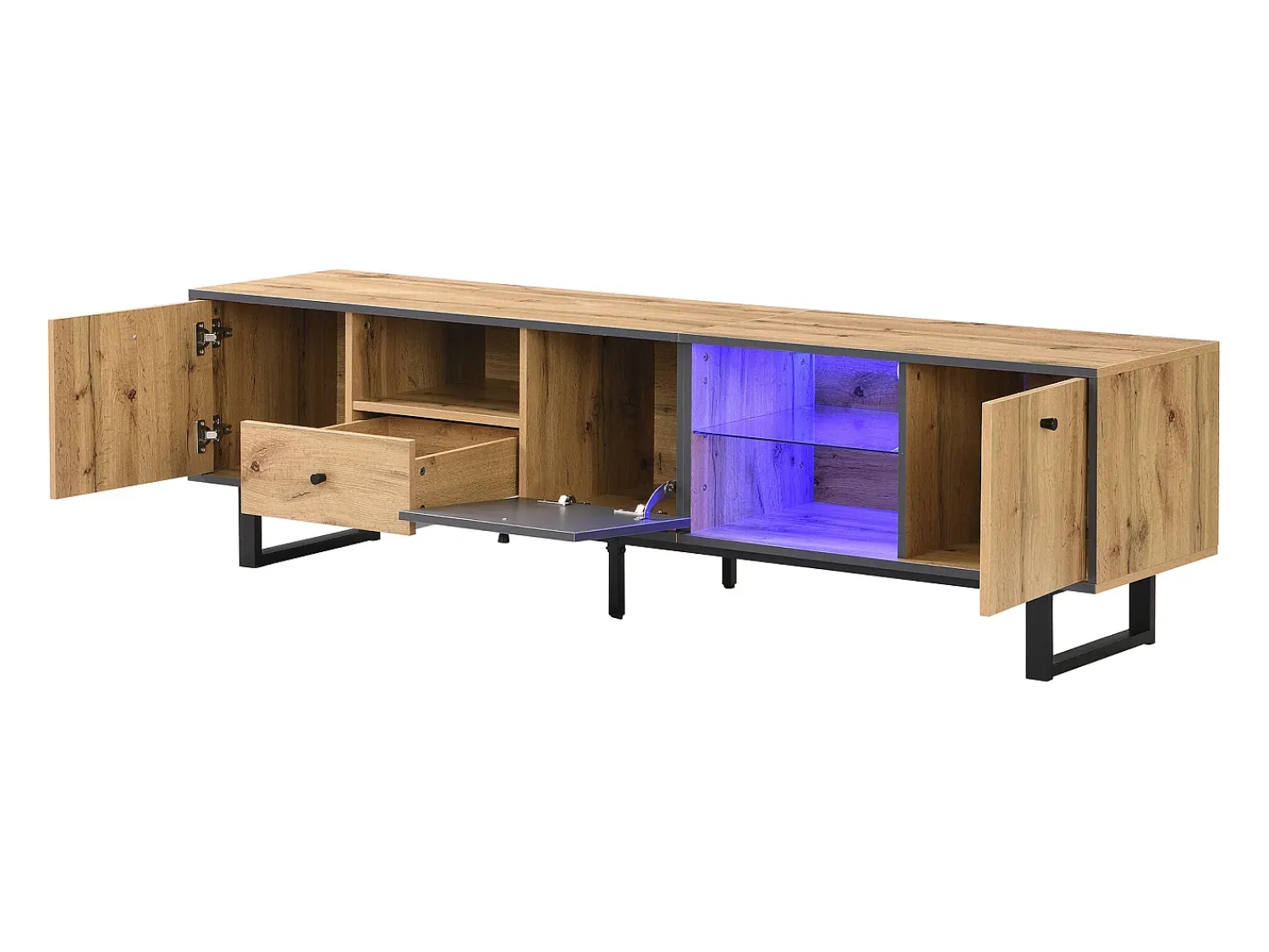 Móvel De Tv|Hauss Spole Suporte para TV com iluminação LED, 3 portas e gaveta - Pés em metal - Tons claros em tons de natural e cinza Natural claro