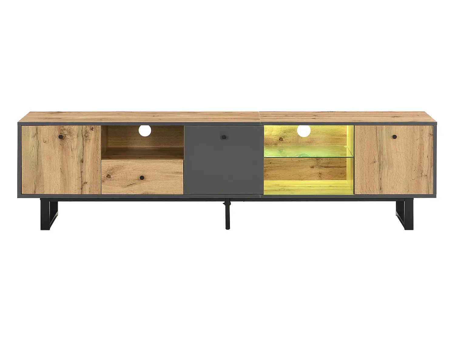 Móvel De Tv|Hauss Spole Suporte para TV com iluminação LED, 3 portas e gaveta - Pés em metal - Tons claros em tons de natural e cinza Natural claro
