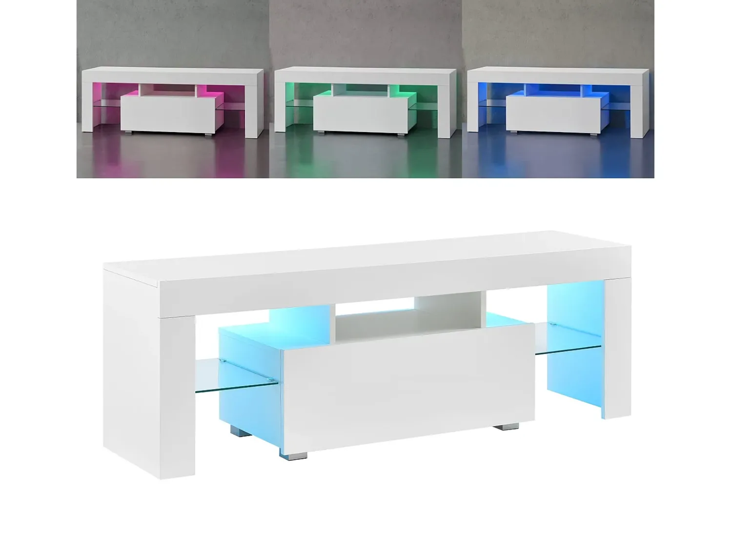 Móvel De Tv|Helloshop26 Suporte para TV com iluminação LED multicolorida banco de design com prateleiras 130 cm 03_0005859 Branco
