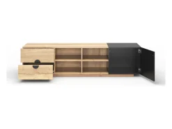 Hauss Spole Suporte para TV com iluminação LED, 2 gavetas e uma porta - Cor: Madeira e preto^ Móvel De Tv