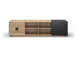 Hauss Spole Suporte para TV com iluminação LED, 2 gavetas e uma porta - Cor: Madeira e preto^ Móvel De Tv
