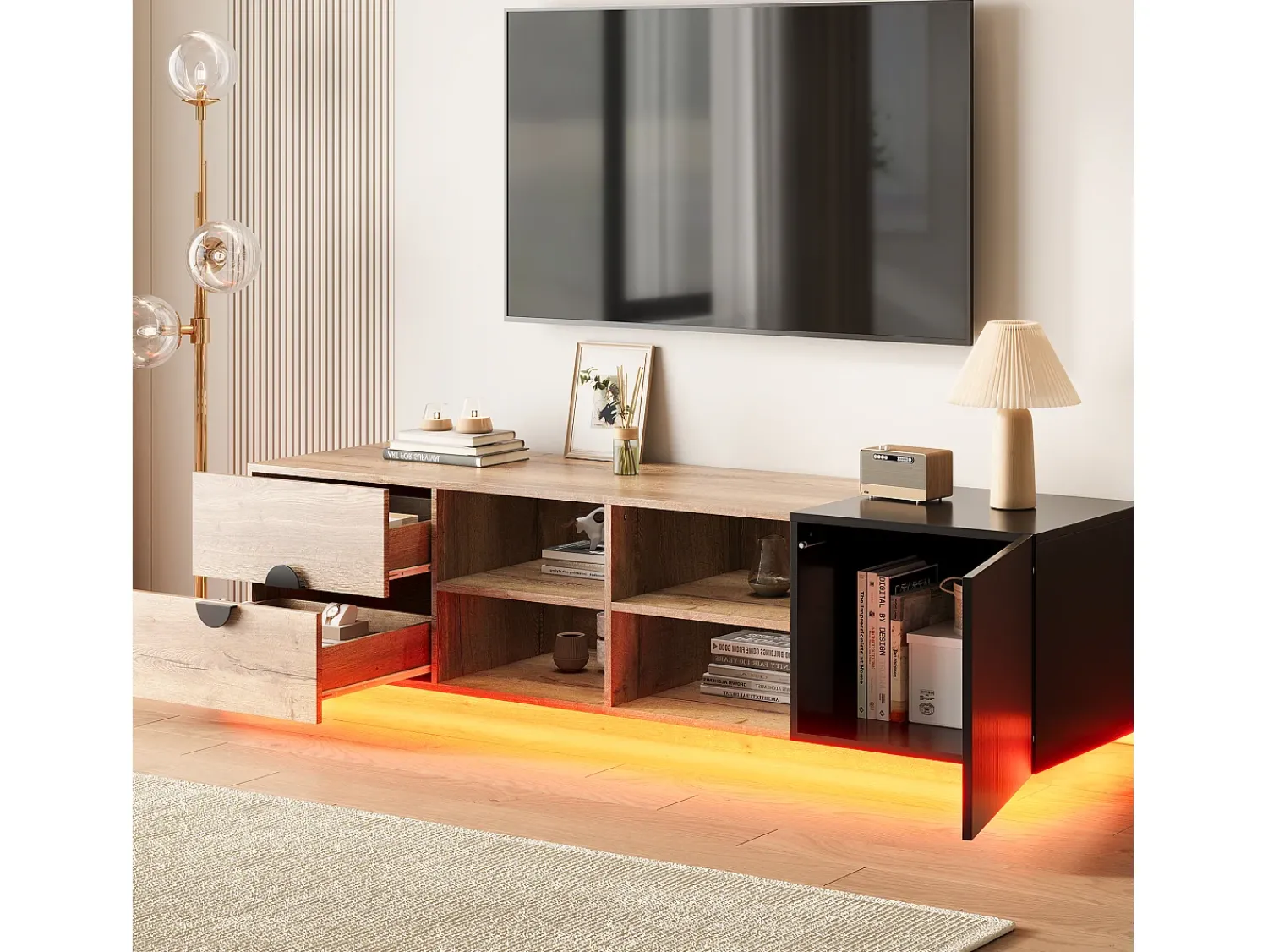 Hauss Spole Suporte para TV com iluminação LED, 2 gavetas e uma porta - Cor: Madeira e preto^ Móvel De Tv