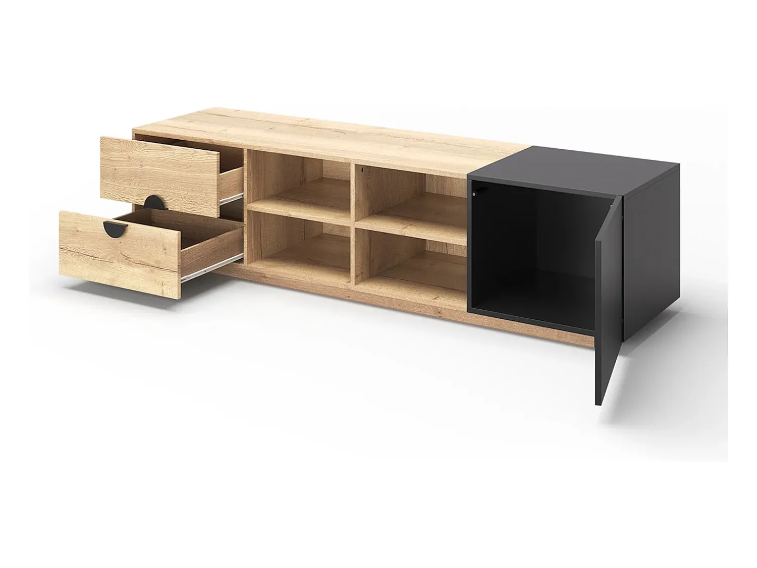 Hauss Spole Suporte para TV com iluminação LED, 2 gavetas e uma porta - Cor: Madeira e preto^ Móvel De Tv