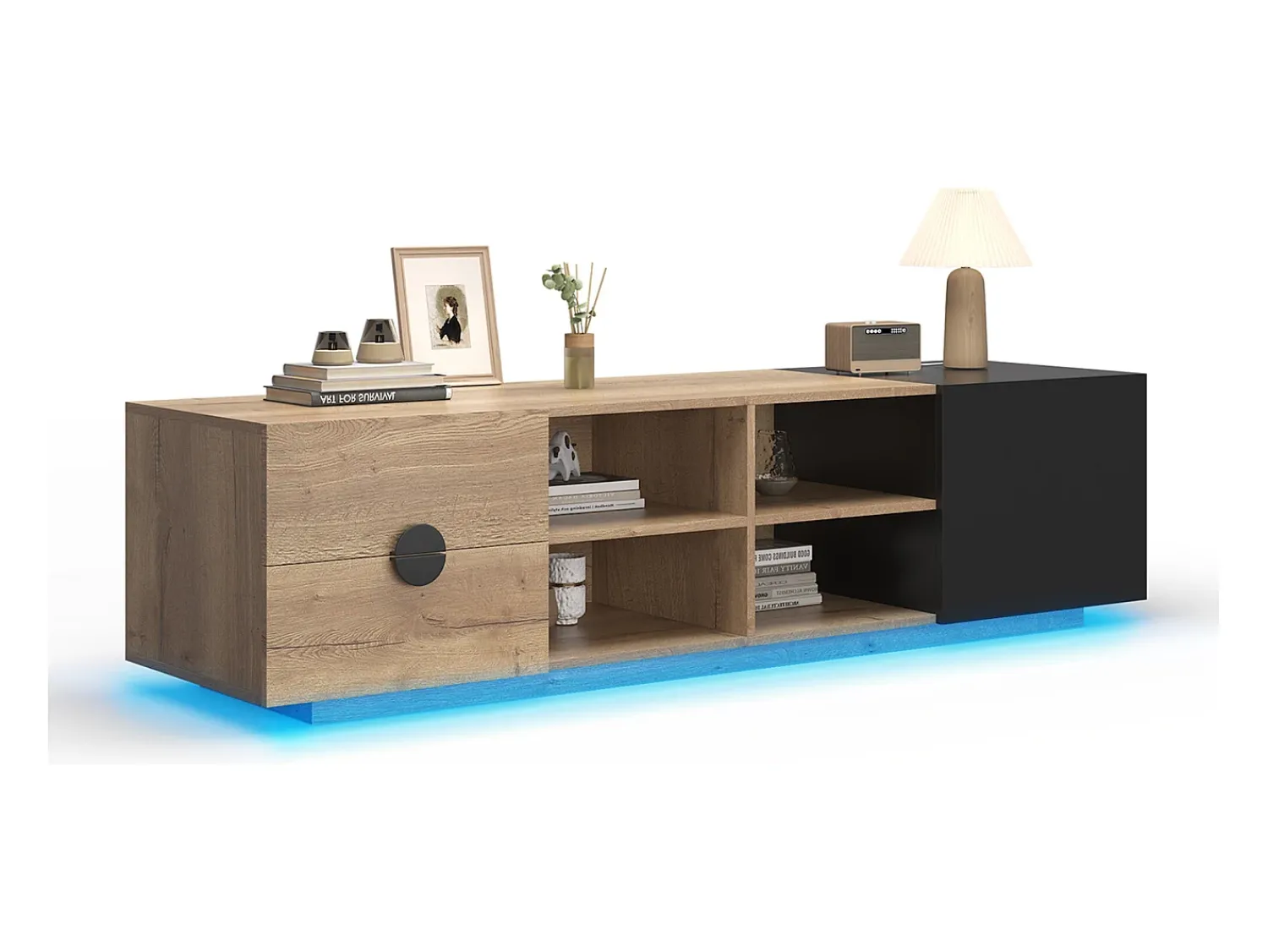 Hauss Spole Suporte para TV com iluminação LED, 2 gavetas e uma porta - Cor: Madeira e preto^ Móvel De Tv