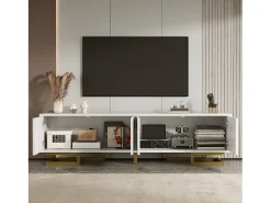 Suporte para TV com portas texturizadas, armário baixo com gavetas, puxadores dourados e pés dourados^ Móvel De Tv