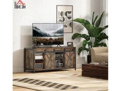 Hot Suporte para TV com prateleiras ajustáveis, portas estilo celeiro, estrutura metálica, acabamento rústico em marrom e preto. Castanho