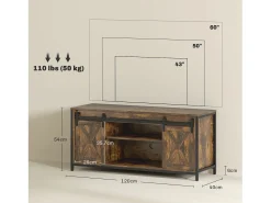 Hot Suporte para TV com prateleiras ajustáveis, portas estilo celeiro, estrutura metálica, acabamento rústico em marrom e preto. Castanho
