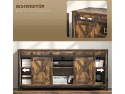 Hot Suporte para TV com prateleiras ajustáveis, portas estilo celeiro, estrutura metálica, acabamento rústico em marrom e preto. Castanho