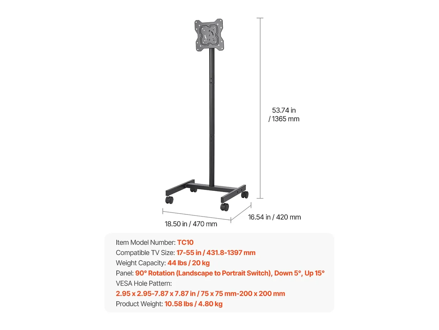 Móvel De Tv| Suporte para TV com Rodas SucceBuy Carrinho Móvel para TV e Suporte para TV com Pé Portátil, Para Televisores/LED/LCD/OLED de 431,8 a 1397 mm, Até 20 kg Preto