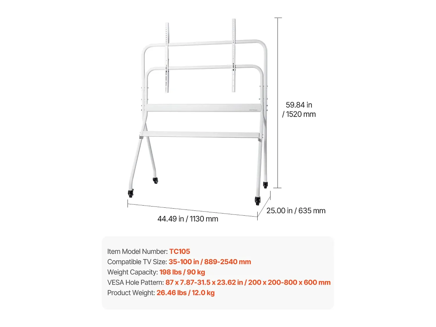 Móvel De Tv* Suporte para TV com Rodas SucceBuy Carrinho Móvel para TV e Suporte Portátil com Pé, Para Televisores/LED/LCD/OLED de 889 a 2540 mm, Até 90 kg Branco