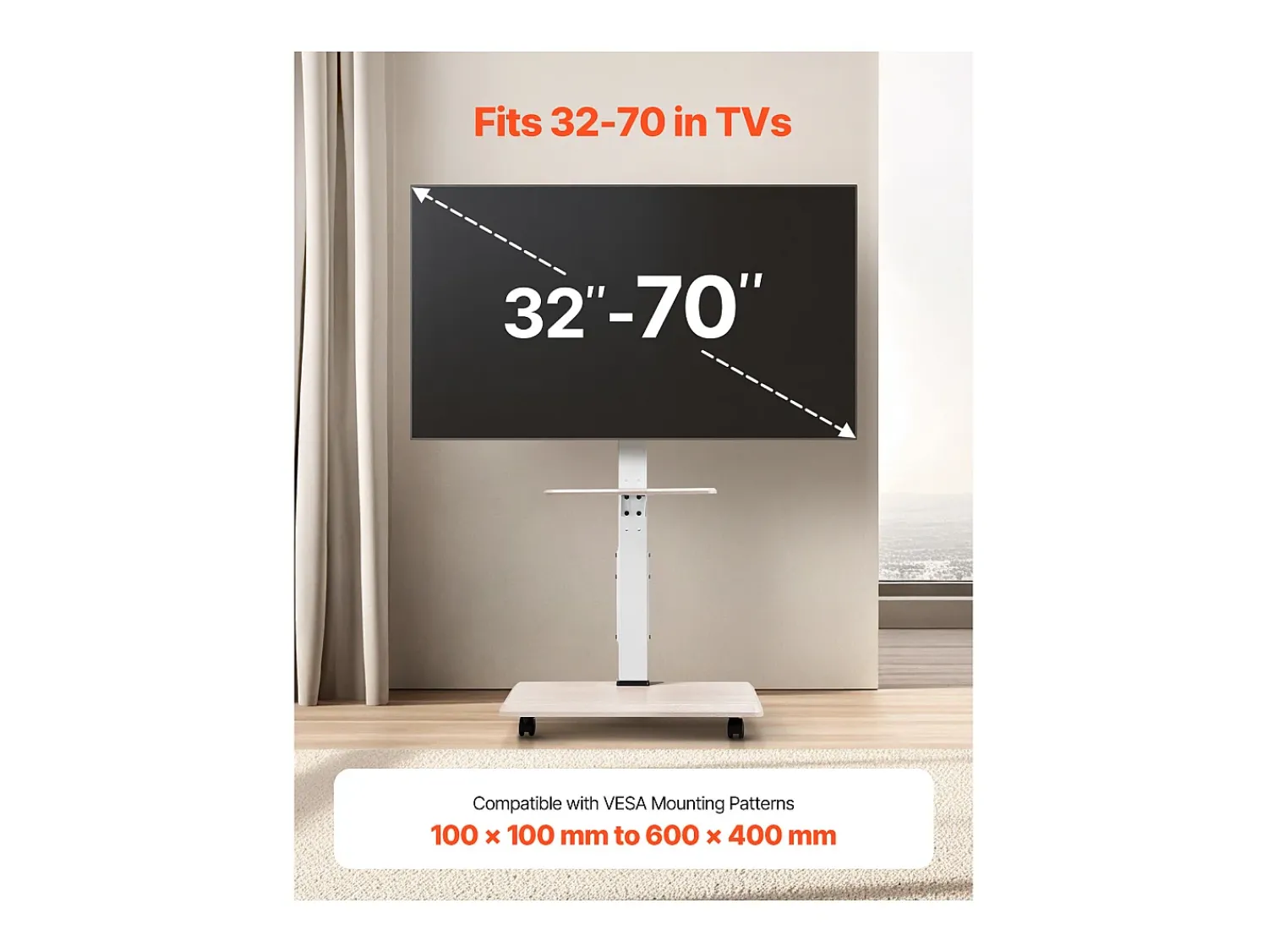 Sale Suporte para TV com Rodas SucceBuy, Ecrãs de 81,2,8-177,8 cm, Carrinho Móvel, Rotação de 25°, Altura Ajustável, 40 kg, VESA 60 x 40 cm, Quarto/Exterior Bege