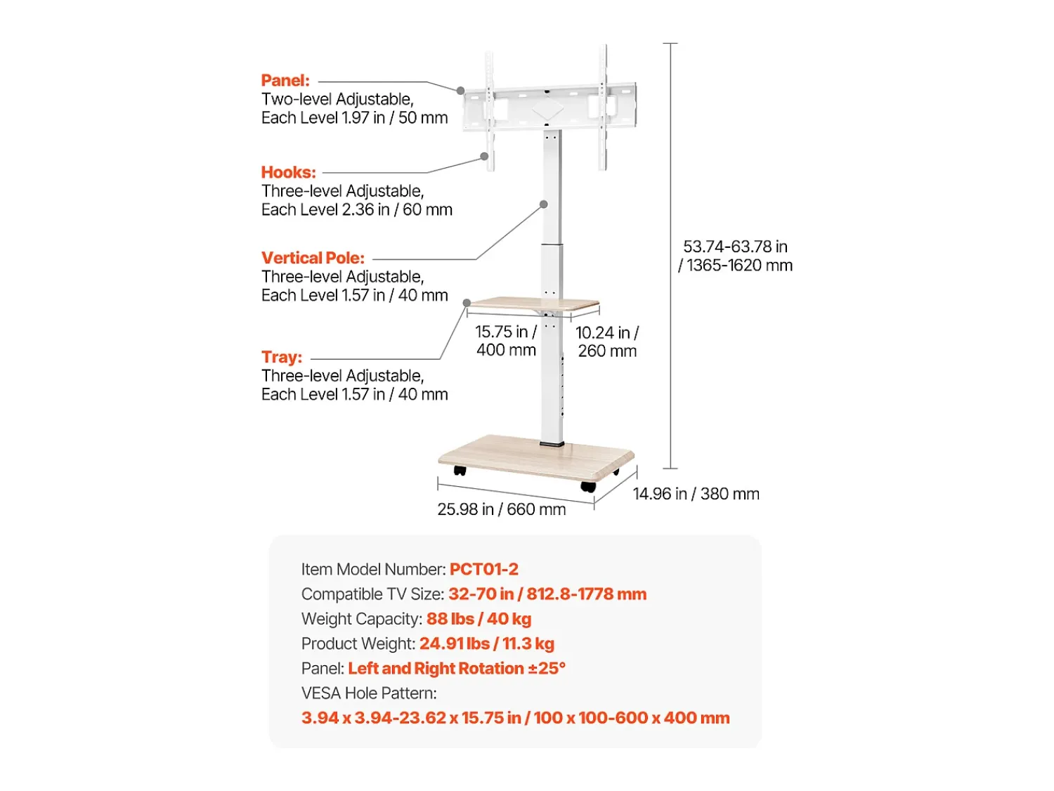 Sale Suporte para TV com Rodas SucceBuy, Ecrãs de 81,2,8-177,8 cm, Carrinho Móvel, Rotação de 25°, Altura Ajustável, 40 kg, VESA 60 x 40 cm, Quarto/Exterior Bege