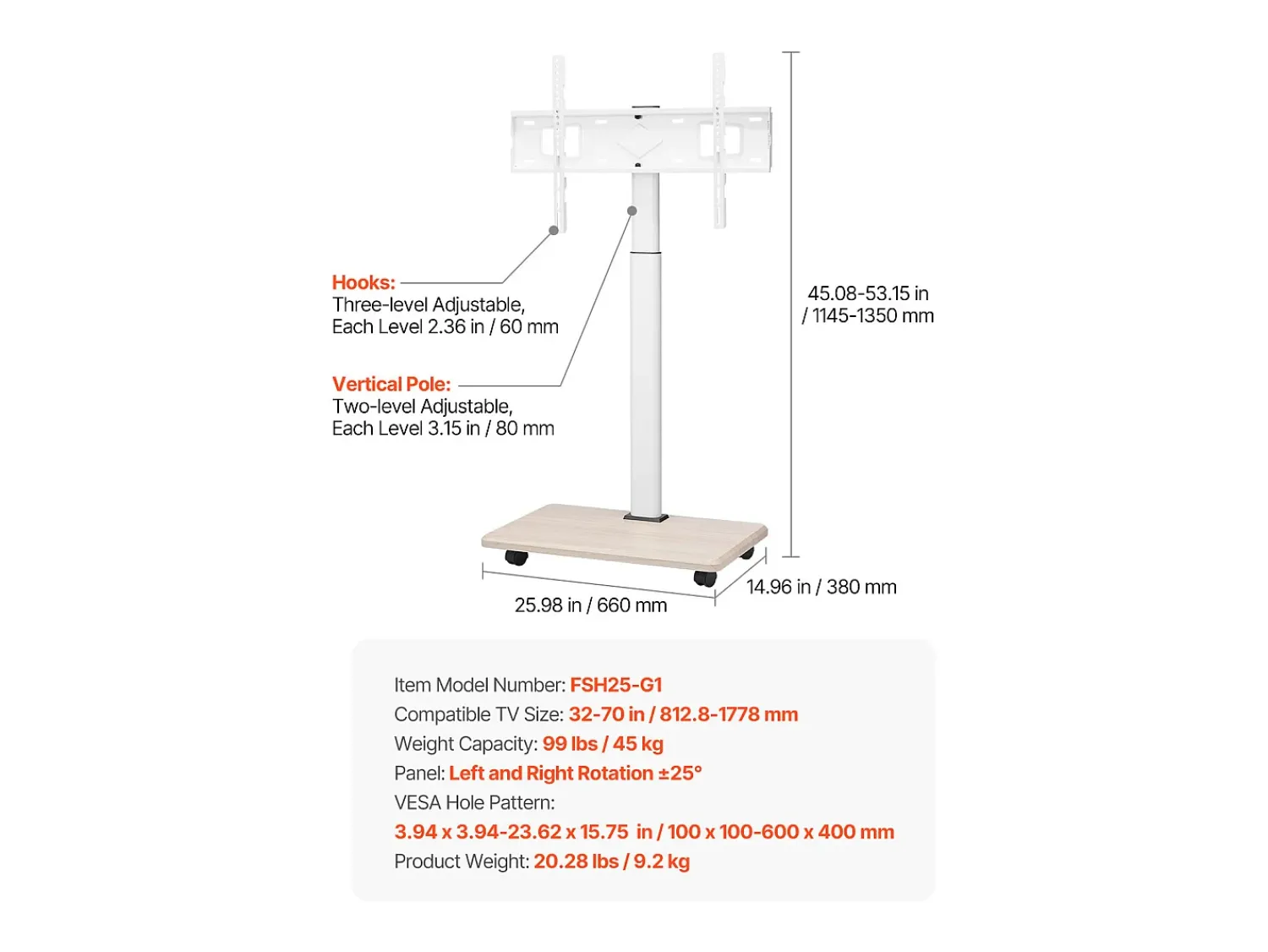 Móvel De Tv* Suporte para TV com Rodízios SucceBuy, Ecrãs de 812,8-1778 mm,Carrinho Móvel, Rotação de 25°, Altura Ajustável, 40 kg, VESA 60 x 40 cm,Sala de Estar/Exterior Bege