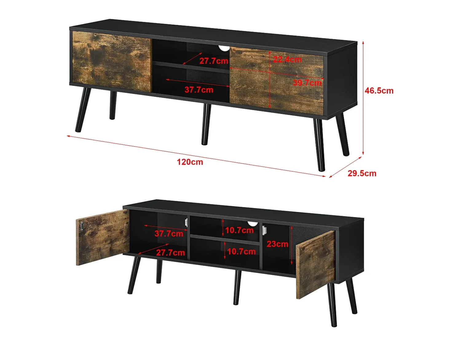 Móvel De Tv|Helloshop26 Suporte para TV com suporte para TV de 120cm pés de madeira revestimento em PVC acabamento em madeira escura 03_0005865 Preto