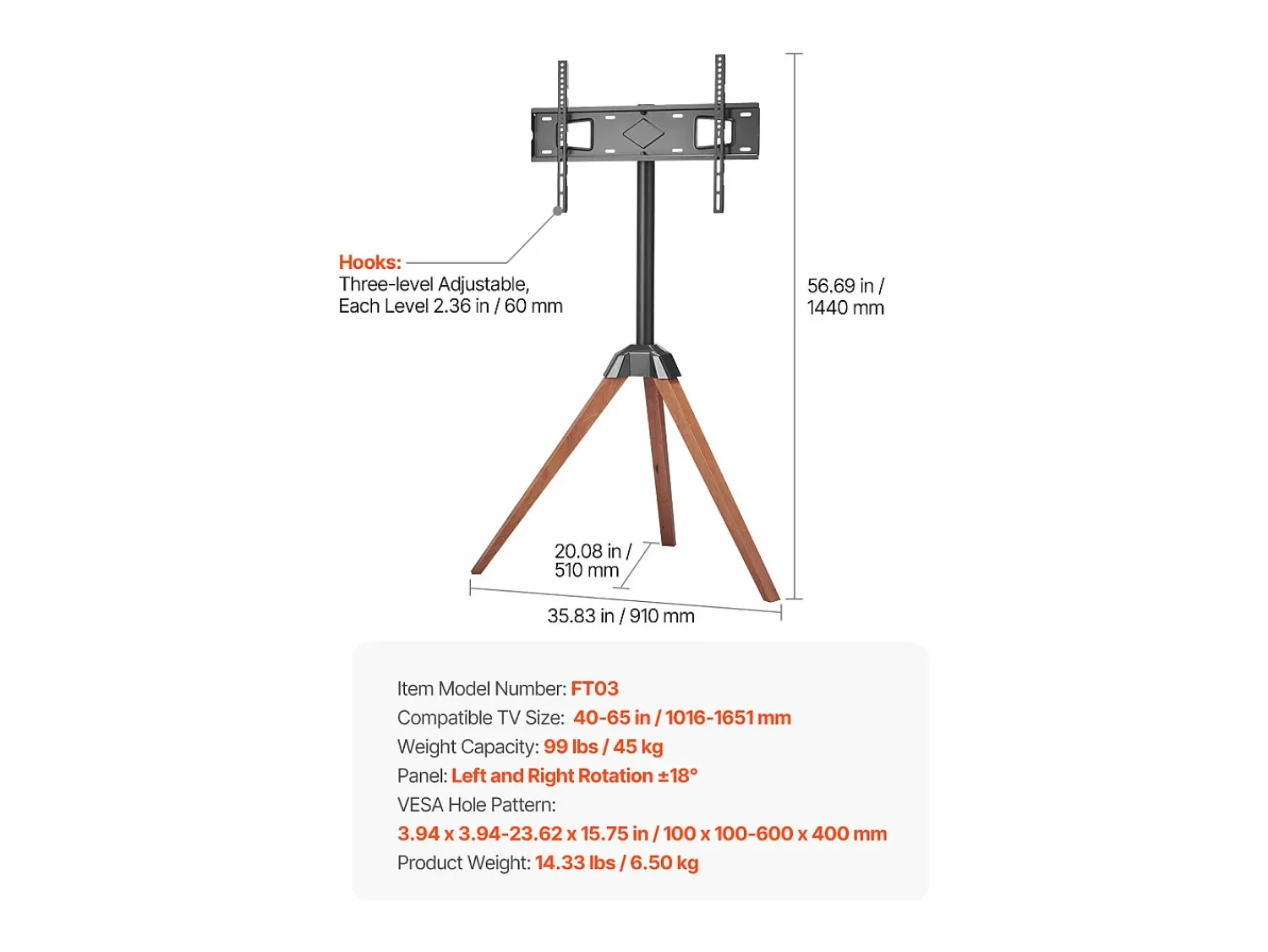 Móvel De Tv| Suporte para TV com Tripé SucceBuy , Para Quarto, Estúdio, Sala de Estar, Compatible com Ecrãs Planos/Curvos de 1016-1651 mm, Capacidade de Carga 45 kg Castanho