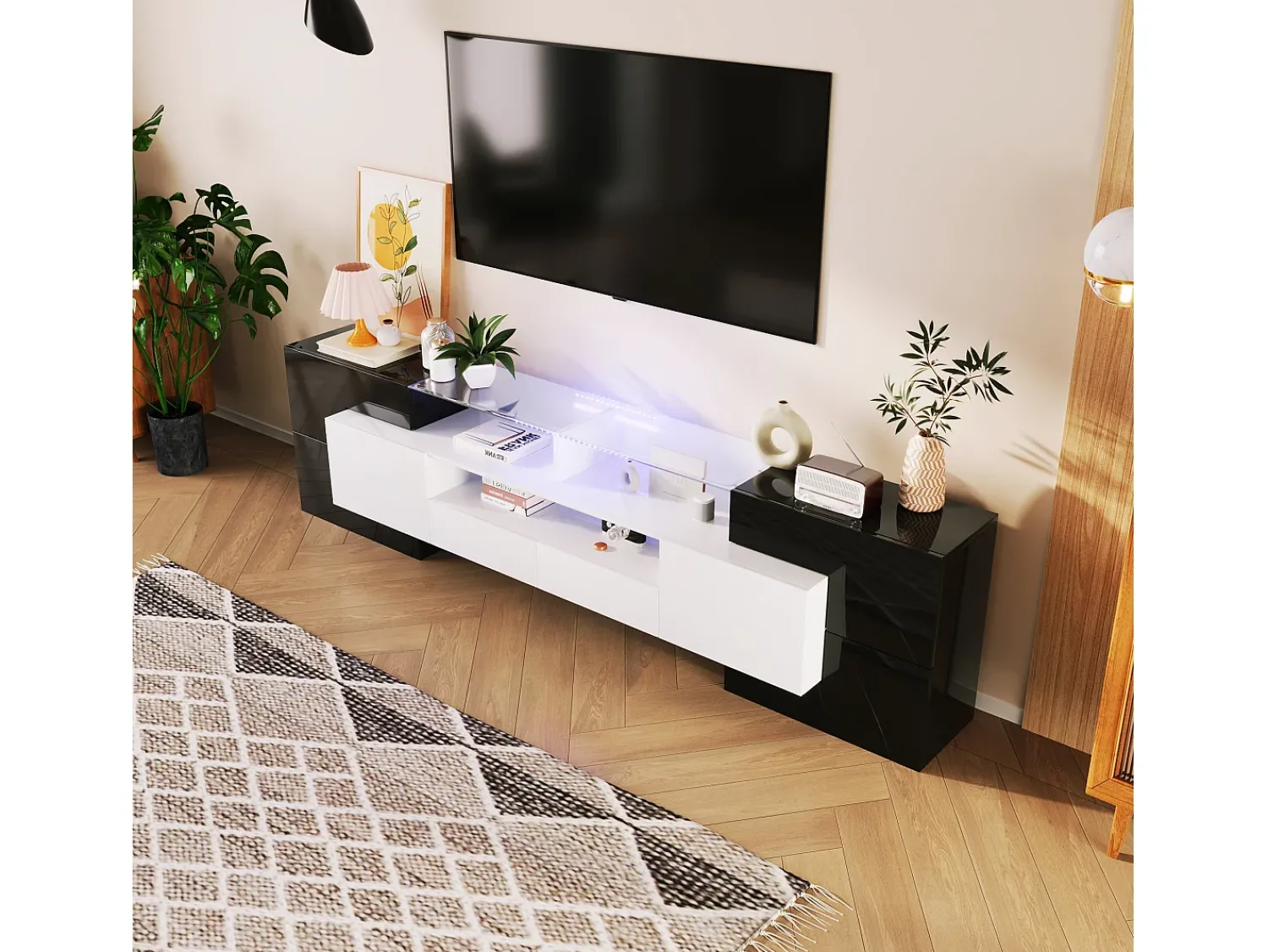 Móvel De Tv| Suporte para TV de 200 cm - Suporte para TV baixo e elegante - Acabamento brilhante com iluminação LED - Superfície de vidro estilosa - Preto