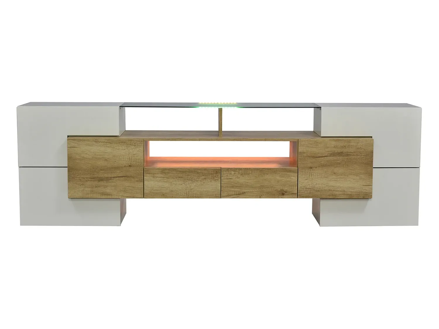 Móvel De Tv| Suporte para TV de 200 cm com iluminação LED, móvel para sala de estar, design moderno, elegante superfície de vidro, cor madeira. Branco