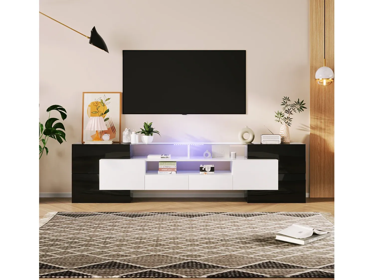 Móvel De Tv* Suporte para TV de 200 cm com iluminação LED, móvel para sala de estar, design moderno, elegante superfície de vidro, . Preto