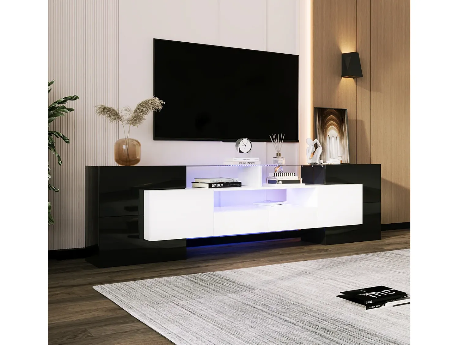Móvel De Tv* Suporte para TV de 200 cm com iluminação LED, móvel para sala de estar, design moderno, elegante superfície de vidro, . Preto