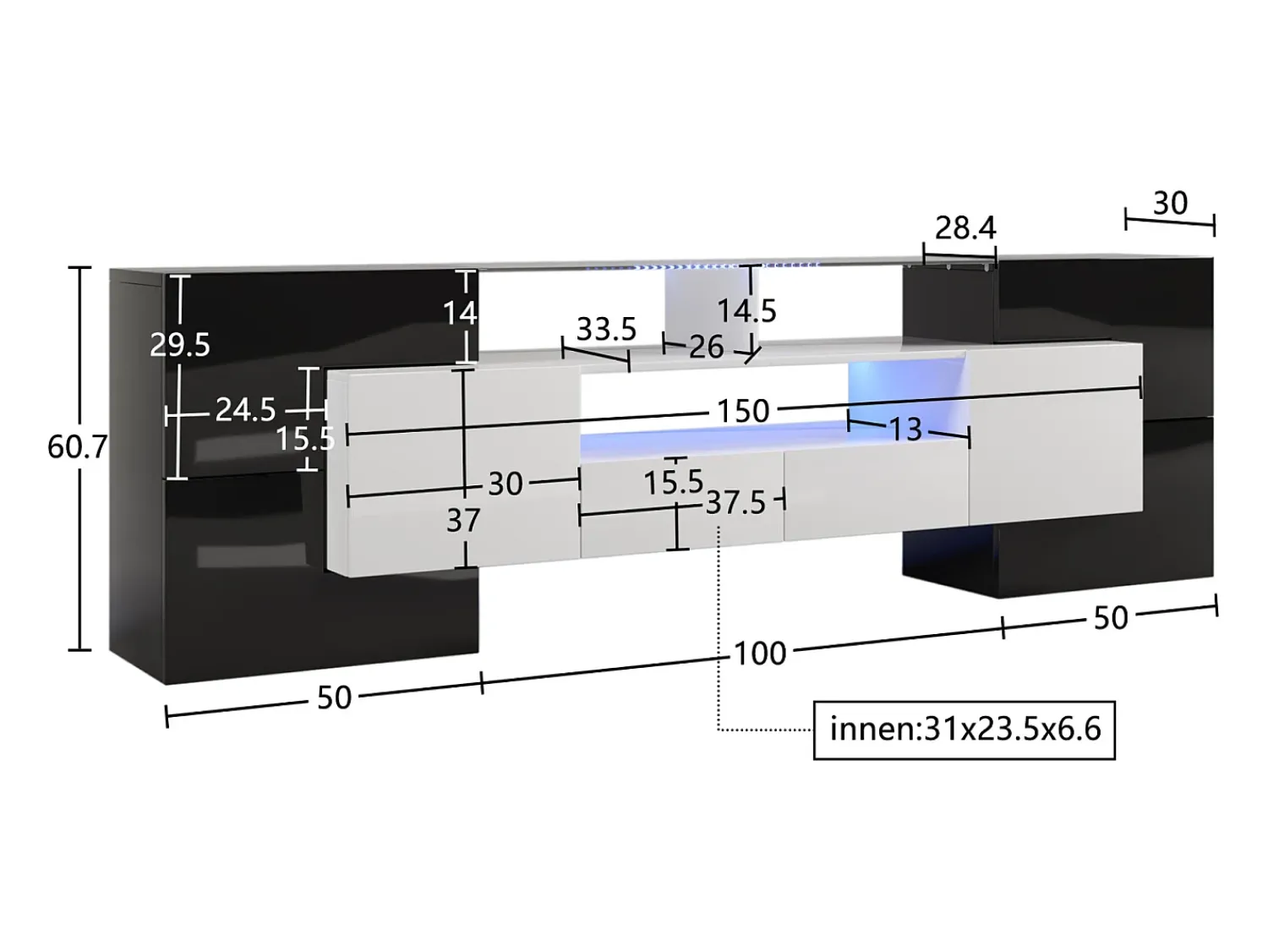 Móvel De Tv* Suporte para TV de 200 cm com iluminação LED, móvel para sala de estar, design moderno, elegante superfície de vidro, . Preto