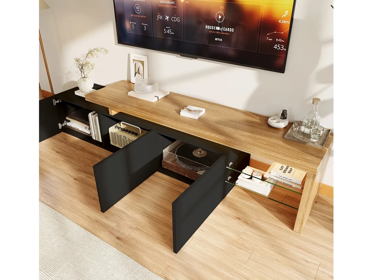 Suporte para TV de 200 cm com iluminação LED, 3 portas e prateleiras de vidro, estilo moderno e baixo, em madeira e . Preto