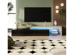 Suporte para TV de 200 cm com iluminação LED, 3 portas e prateleiras de vidro, estilo moderno e baixo, em madeira e . Preto