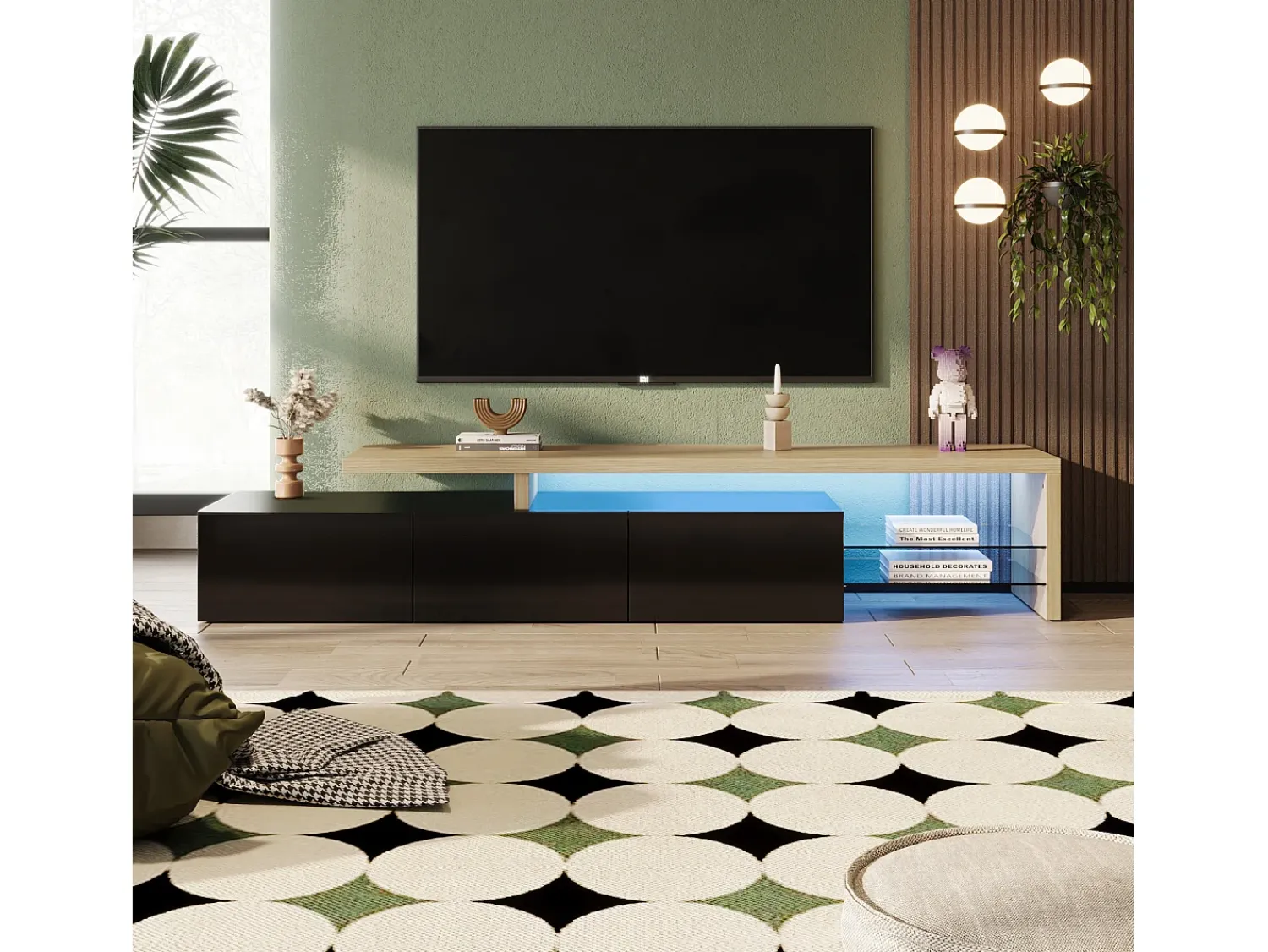 Suporte para TV de 200 cm com iluminação LED, 3 portas e prateleiras de vidro, estilo moderno e baixo, em madeira e . Preto