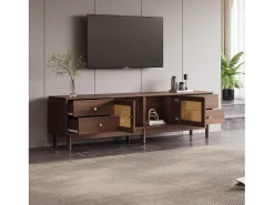 Móvel De Tv* Suporte para TV de 180 cm, móvel para TV em rattan e madeira, com 4 gavetas e 2 portas, estilo retrô, marrom. Natural escuro