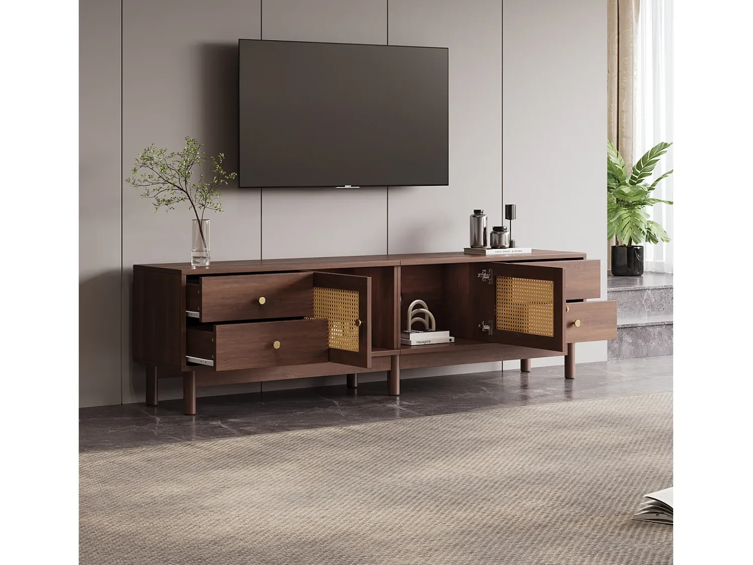 Móvel De Tv* Suporte para TV de 180 cm, móvel para TV em rattan e madeira, com 4 gavetas e 2 portas, estilo retrô, marrom. Natural escuro