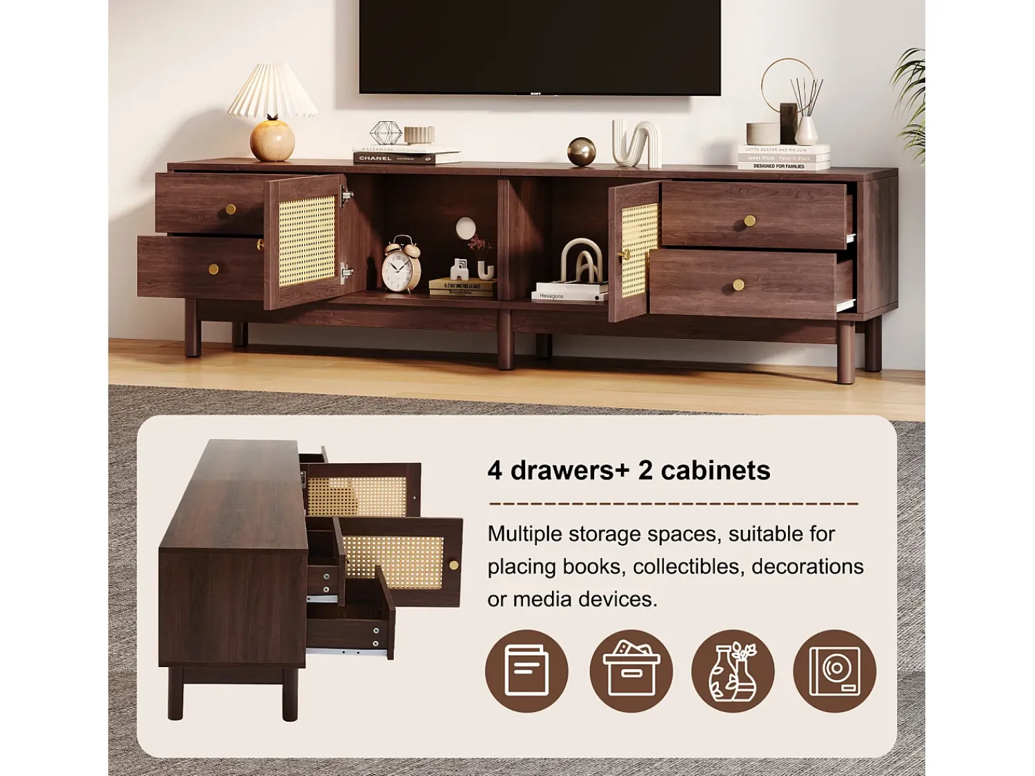 Móvel De Tv* Suporte para TV de 180 cm, móvel para TV em rattan e madeira, com 4 gavetas e 2 portas, estilo retrô, marrom. Natural escuro