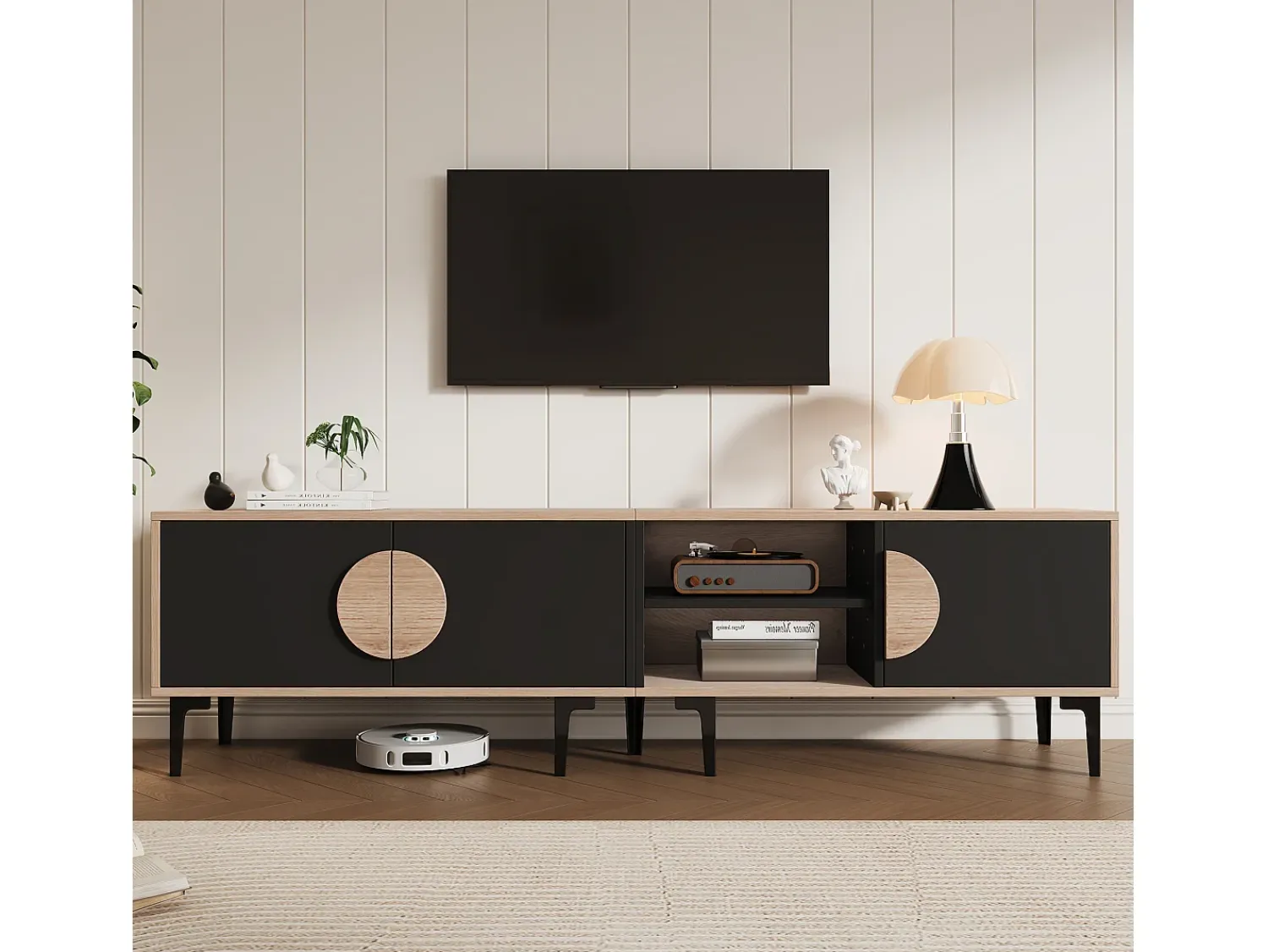 Discount Hauss Spole Suporte para TV de 80 polegadas com 3 portas - Cor e madeira Preto