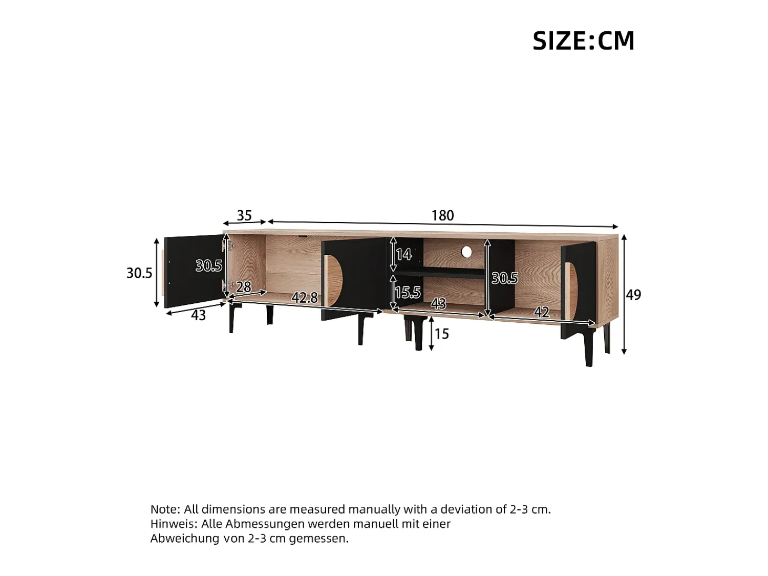 Discount Hauss Spole Suporte para TV de 80 polegadas com 3 portas - Cor e madeira Preto